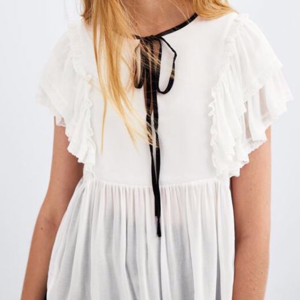 ZARA Lace Contrasting Top with Black Ties- White